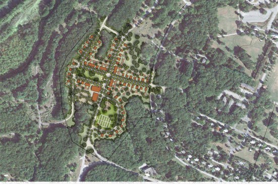 Aerial view. The MPC is sited on a former military base. "We’ve pulled the houses together to create as much open space as possible," says Dan Gainsboro. "We’re trying to piece back together a former street grid that had a radial scheme that got ignored and was broken town over time."