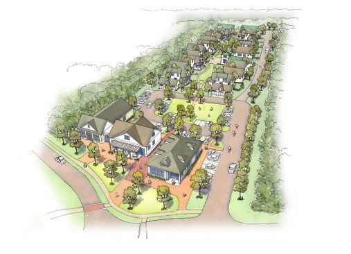 Birds eye view of a mixed-use cottage community that's also in the permitting stage. The 16-cottage project will also have 9000 square feet in the form of small scale retail and commercial space. For added walkability, trails go through the center of the project. A park and parking provide a buffer between commercial and residential.