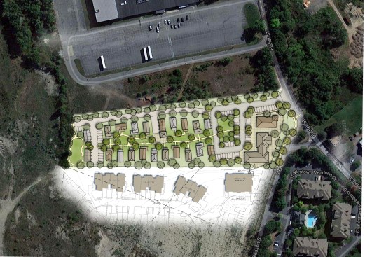 Conceptual site plan for the cottage community. A quarter mile to the northeast (across Fisher Street), is a commuter train station. From there, it's a half an hour ride to Boston. To the east are condos.