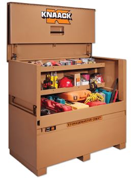 The StorageMaster chest has been overhauled to off er contractors more security at the jobsite. It now comes with a three-point latch with a Watchman IV lock system for extra security from pry bars, a Power Pass electrical pass-thru, and reinforced 7-gauge steel lock box and hinges. Knaack. 800-456-7865. www.knaack.com.