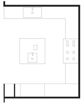 Architect Mark English designed the island to look and function as a single piece of equipment.Its square shape matches the room confi guration and maximizes workspace.