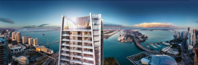 Downtown Miami Skyline featuring the One Museum condominium development adjacent to Miami Art and Science Museums.