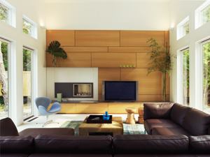 Rift-sawn white oak panels form a backdrop for the TV and fireplace.