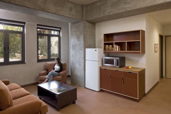 Each suite contains a small kitchenette area. Sensors on operable windows prevent residents from turning on the air conditioning while a window is open, helping to cut down on cooling costs.