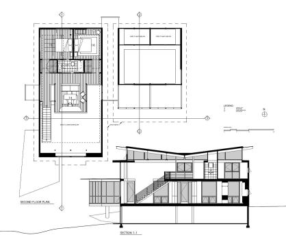 The second floor plan and section through the main wing.