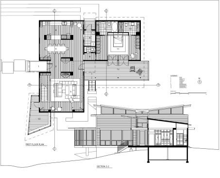 The first floor plan and section through the master bedroom wing.