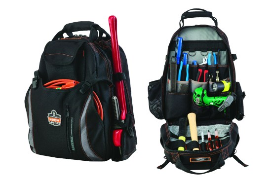 The Ergodyne Arsenal 5843 Tool Backpack has two main interior compartments and a tall tool holster on an exterior side panel.