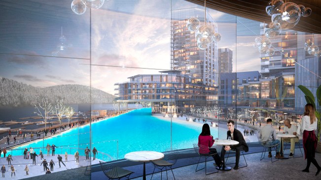 A rendering of the upcoming Esplanade development in Pittsburgh, Penn., including its 2-acre Crystal Lagoons amenity, during winter use.