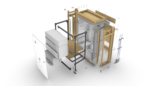 Exploded view of a Katerra Bath Kit, which are packaged for maximum efficiency.
