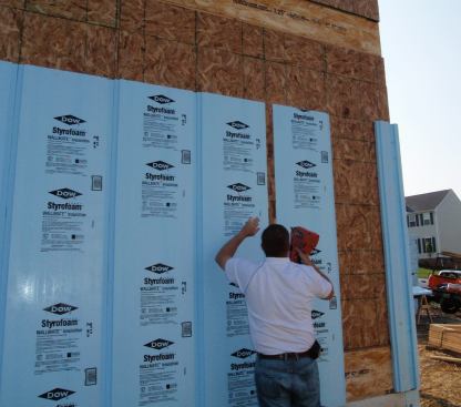 Traditionally used for basements, Dow Wallmate features imbedded channels for furring strips, reducing the overall thickness and thereby allowing for use of traditional framing nails during siding installation.