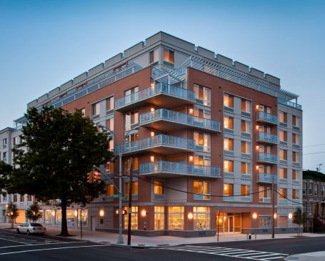 The eight-story Melody rose from a lot vacant since the 1970s, when many South Bronx properties fell into disrepair and were demolished. Developer Les Bluestone says it took more than three months to remediate the site and then another three months excavating 13 feet deep through mostly solid rock. 96% of waste was diverted during construction.