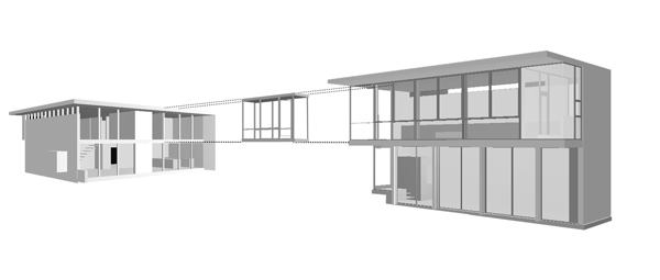 A glass-enclosed bridge links the 1,000-square-foot addition to the 2,200-square-foot existing home, minimizing intrusion and allowing the clients to remain present during construction.