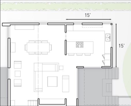 Kitchen, dining, and living room layout.