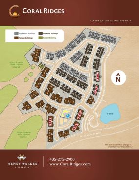 Centrally Located Coral Ridges is a 21-acre golf course neighborhood in Washington City, Utah, which Henry Walker Homes acquired from Midlands State Bank. The community, located near national and state parks, is part of a 201-homesite master plan, of which 24 sites were already fully improved. The Energy Star–certified townhouses being built at Coral Ridges range from 1,800 to 2,600 square feet and are priced from $170,000 to $300,000.