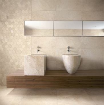 Many tile manufacturers do stone-look ceramic tile, but some companies do it better than others. Ceramica Fioranese’s Eco_Alabaster is the company’s latest natural stone floor and wall covering. Made with over 40% recycled content, the classic stone design has been given a contemporary twist with delicate shades and modern patterns, the company says. It also comes with complementary mosaics. 
www.fioranese.it.