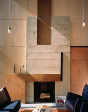 FITCH O'ROURKE RESIDENCE: The fireplace is an artistic composition of geometric shapes and different materials.