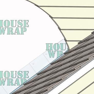 The ideal way to install step flashing is to put the vertical leg of the flashing against the wall sheathing, then seal the flashing to the wall with an applied layer of peel-and-stick flexible membrane. The final step is to lap the housewrap down over this sealed joint.