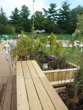 The spacious deck with its built-in seating, biofiltration beds, and vegetable gardens nearly doubles the interior foot print.