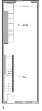 In the Skinny floor plan, everything immobile--stairs, kitchen, second-floor bathroom, and mechanicals--is positioned against one wall to create larger open spaces in the narrow homes.