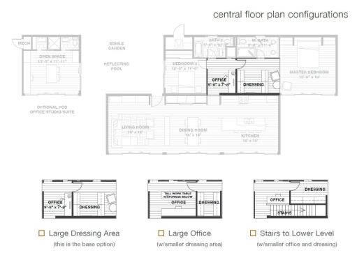 Glidehouse's floor plan now includes three core variations that offer different configurations of home office and master dressing room, as well as a stairway to accommodate basement foundations.
