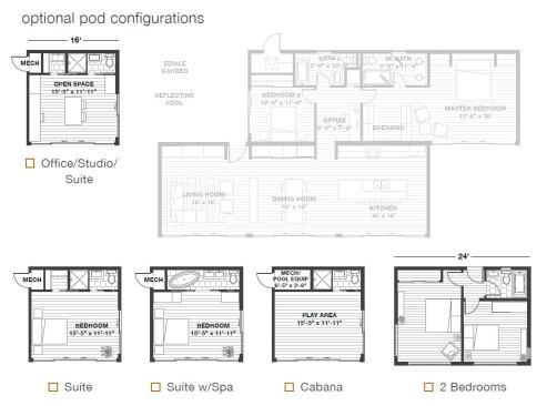 Any of five optional pods can be added to Glidehouse, extending its footprint with an office/studio suite, one of three possible bedroom/bathroom suites, or a cabana.