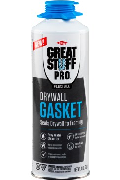 Great Stuff Pro Gasket is a water-based air sealant foam designed to form a gasket between drywall and framing.