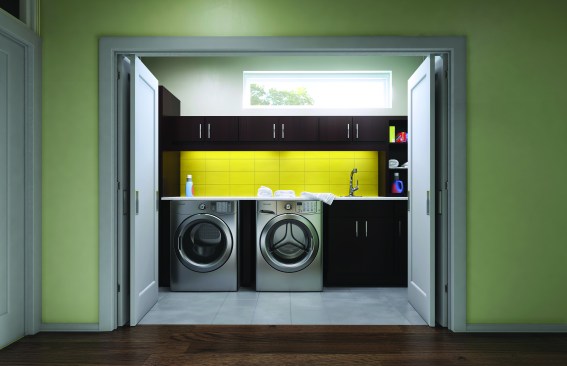 The laundry room is equipped with solid maple cabinets from Advanta and an Energy Star-rated Frigidaire front-load washing machine with a quick sanitize cycle that removes 99.9 percent of bacteria, says the company.