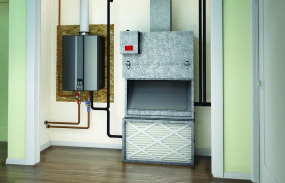 Rinnai's condensing tankless water heater (left side of photo) will provide the home's residents with an affordable, endless supply of hot water. An efficient Unico high-velocity HVAC system (right), which uses one-third the space of a traditional system, will help the home's new owners save on heating and cooling costs.