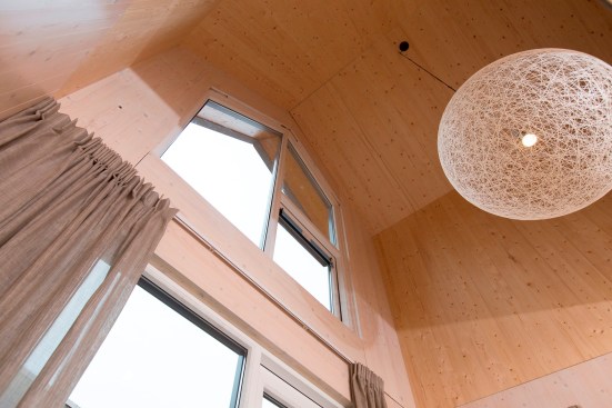 A high, sloped ceiling serves as an architectural point of interest and keeps the compact home from feeling confined.