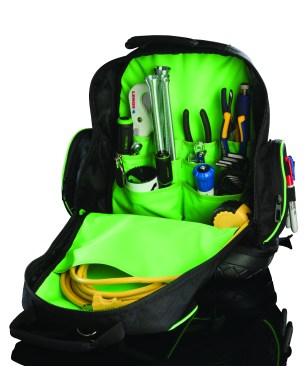 The front of the hilmor backpack has two deep outside padded pockets, a water bottle holder, and a U-hook.