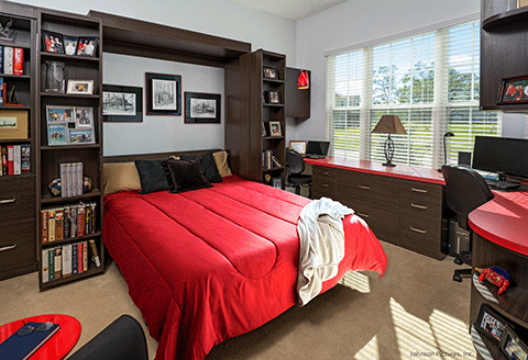 The murphy bed in the flex space offers a place for good rest.
