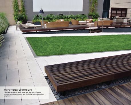 Lawn spaces--including the dog run--are composed of artificial turf. which saves on water consumption. To further save on water, a 5500-gallon reservoir tank collects rainwater.