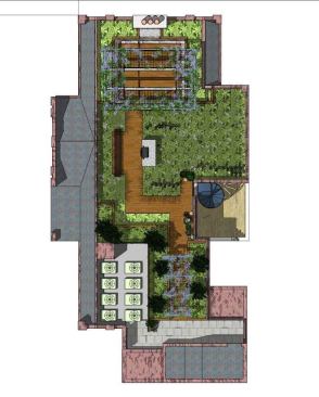 The site plan shows the air-conditioning units (bottom left), which are hidden by screens near the elevator entrance. A spiral stair, mid-plan, connects the penthouse balcony to the rooftop.