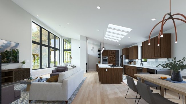 Modern house plan with an open layout, great room interior. See details at Houseplans.