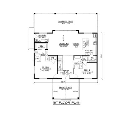 Modern house plan with deck, main level. See details at Houseplans.com.