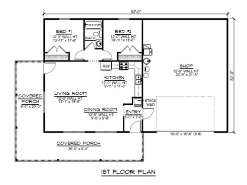 Small barndominium plan with two bedrooms, floor plan. See details at Houseplans.com.