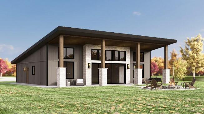 Barndominium plan with open layout, rear exterior. See more images and details at Houseplans.