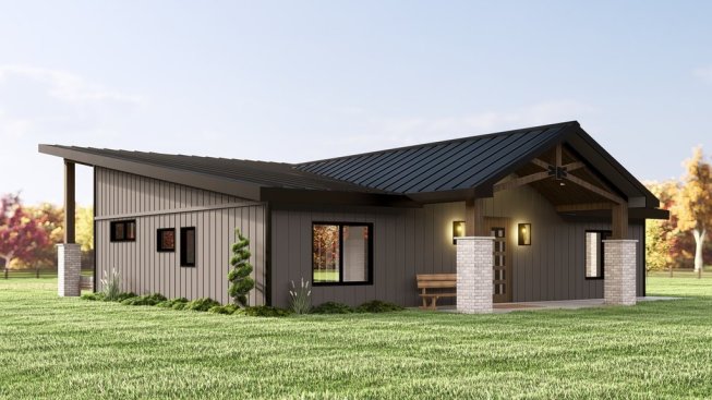 Barndominium plan with open layout, front exterior. See more images and details at Houseplans.