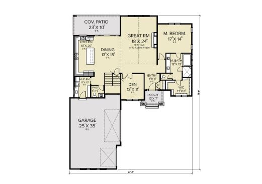 Farmhouse plan with storage, main level. See more details at Houseplans.