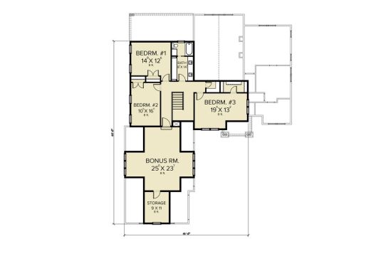 Farmhouse plan with storage, upper level. See more details at Houseplans.
