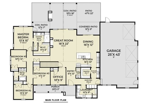 Craftsman farmhouse plan with big garage, main floor plan. See interior views at Houseplans.
