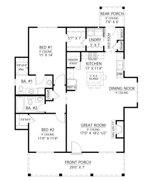 Small farmhouse plan for a narrow lot, floor plan. See details at Houseplans.