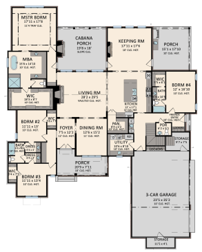 Farmhouse plan with outdoor living, main floor plan. See details at Houseplans.