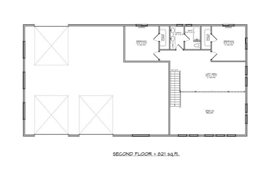 Barndominium plan with wraparound porch upper floor plan. See details at Houseplans.com.
