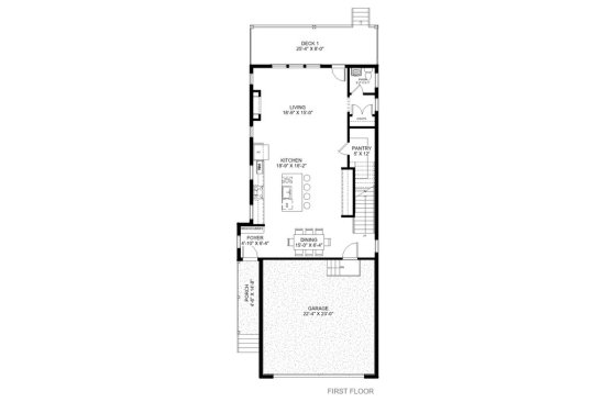 Modern house plan for a narrow lot, main floor plan. See details at Houseplans.