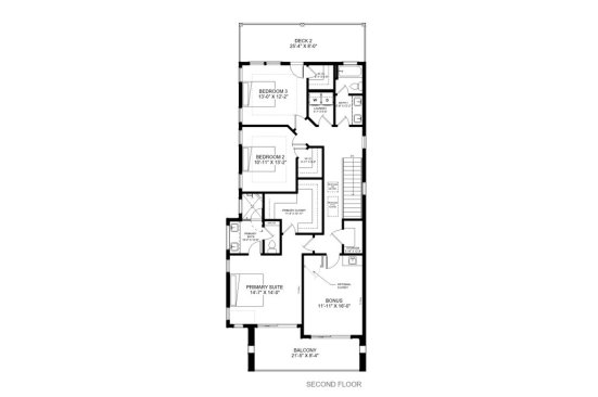 Modern house plan for a narrow lot, second floor plan. See details at Houseplans.