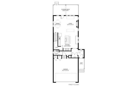 Narrow Farmhouse Plan, Main Level. See Details at Houseplans.com.