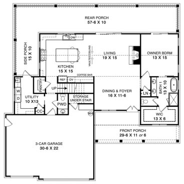 Modern farmhouse plan with porches, main level. See details at Houseplans.com.