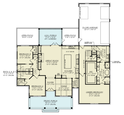 Modern farmhouse plan with storage, main level floor plan. See details at Houseplans.