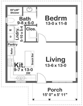 Tiny house plan with porch, floor plan. See details at Houseplans.com.